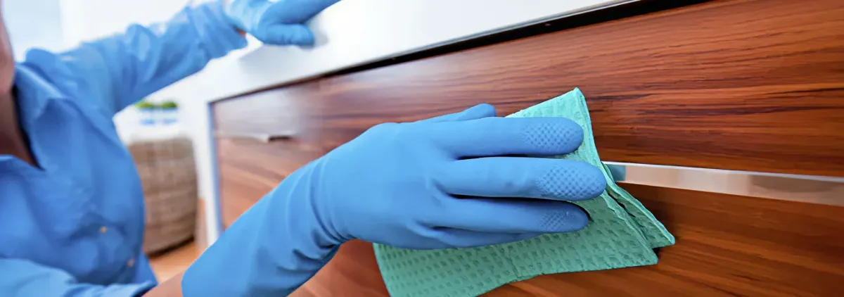 Cleaner wearing blue gloves wiping a wooden cabinet drawer with a microfiber cloth for dust and grime removal, Fort Worth, TX.